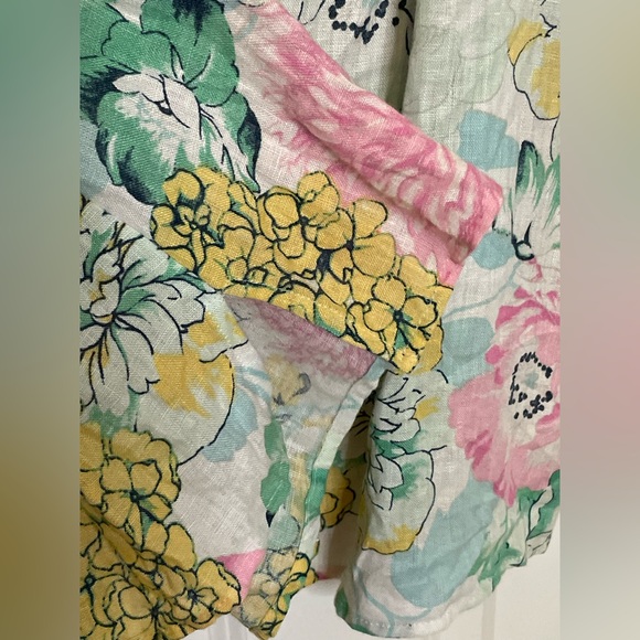 Linen Charter Club Floral Linen Peasant Blouse Bell Sleeves Tie Neck IX - Picture 6 of 8